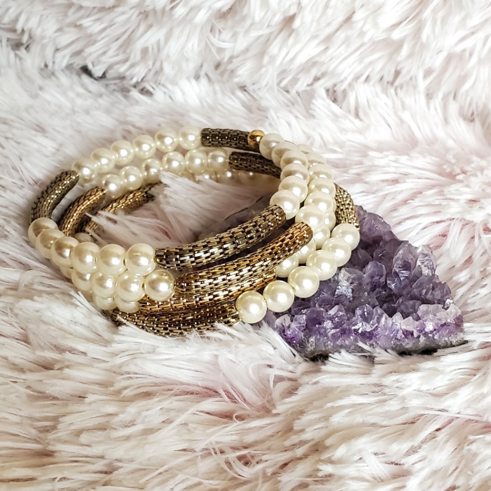 Vintage Pearl Bangle Bracelet With Gold Accents